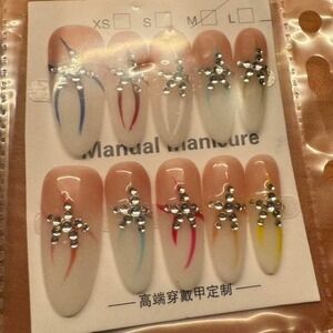 Press On Nails Almond Peach Rhinestone‎ Gem Accent Manicure False Nails